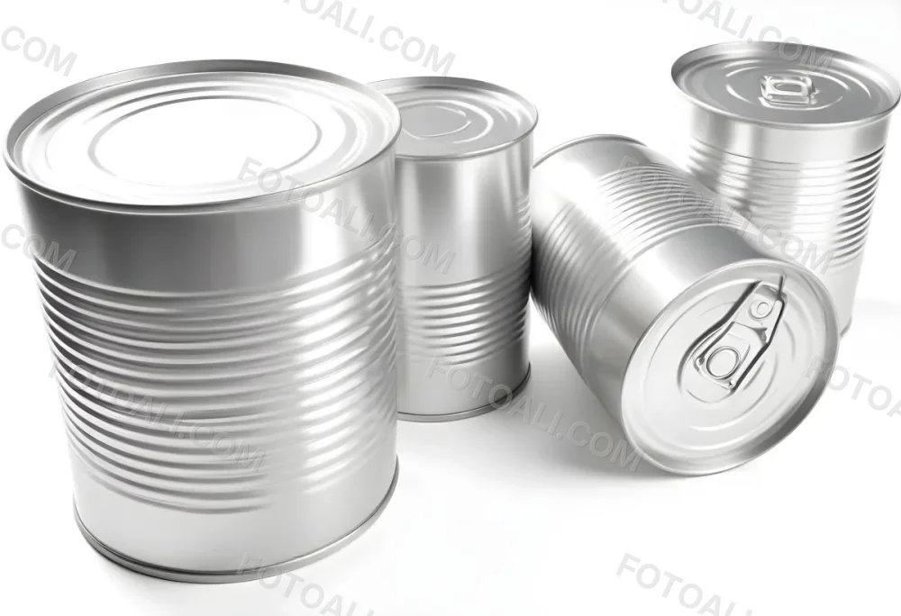 Four Silver Cans Of Different Sizes Some Standing And One Lying Down On A White Surface Studio Shot 1 467f