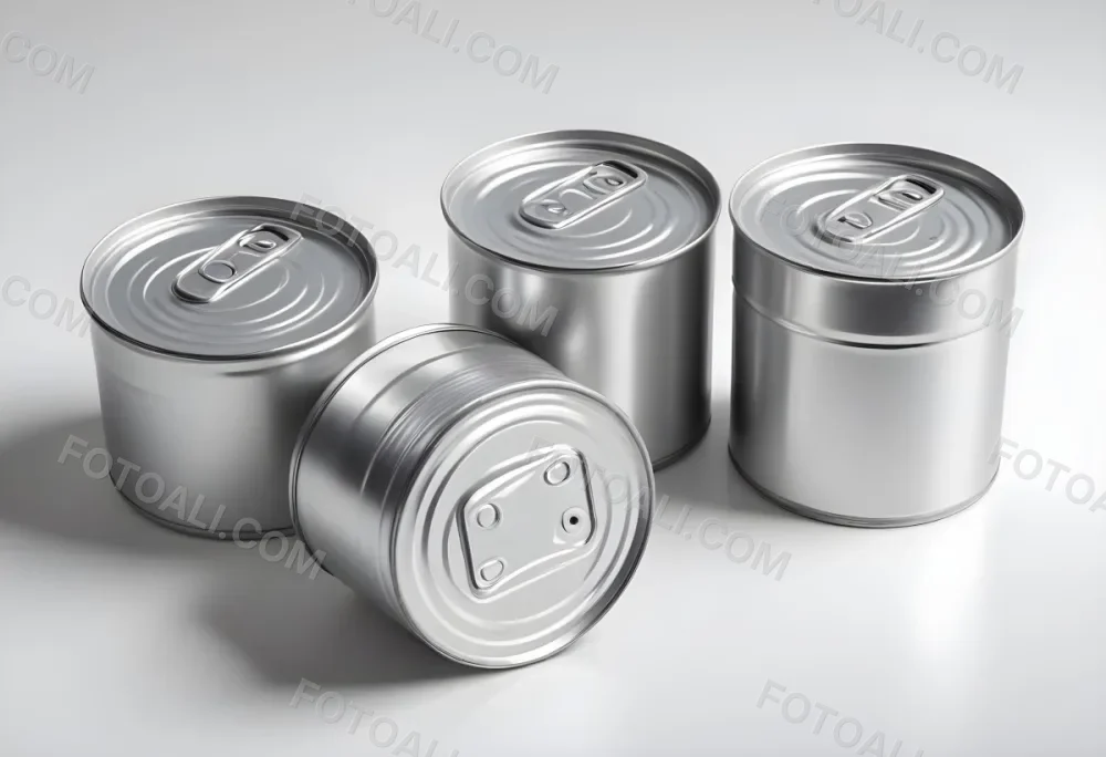Four Silver Cans Of Different Sizes Some Standing And One Lying Down On A White Surface Studio Shot 18 E265
