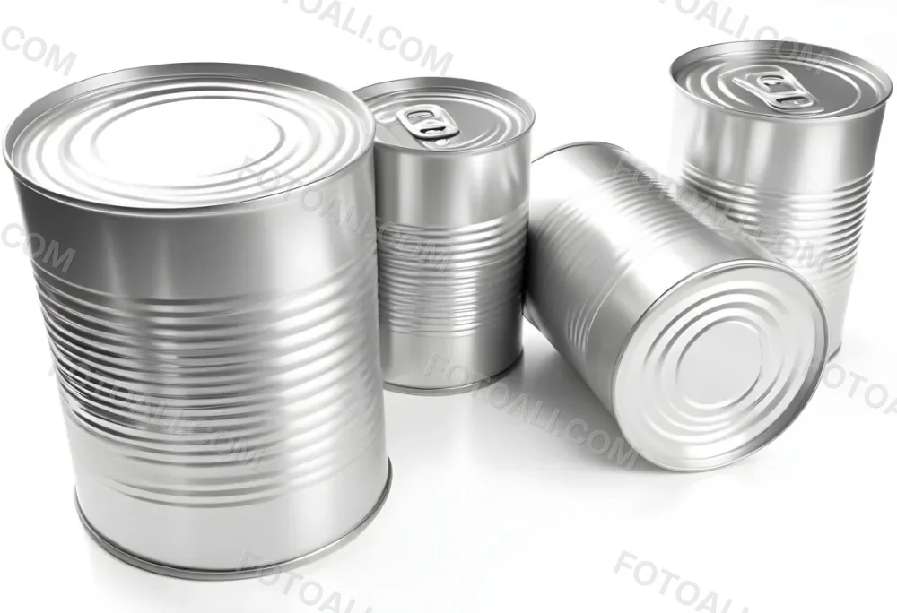 Four Silver Cans Of Different Sizes Some Standing And One Lying Down On A White Surface Studio Shot 2 Ccea
