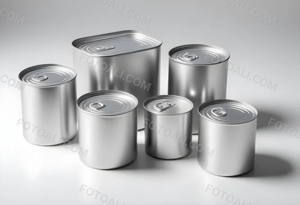 Four Silver Cans Of Different Sizes Some Standing And One Lying Down On A White Surface Studio Shot 23 9a6b