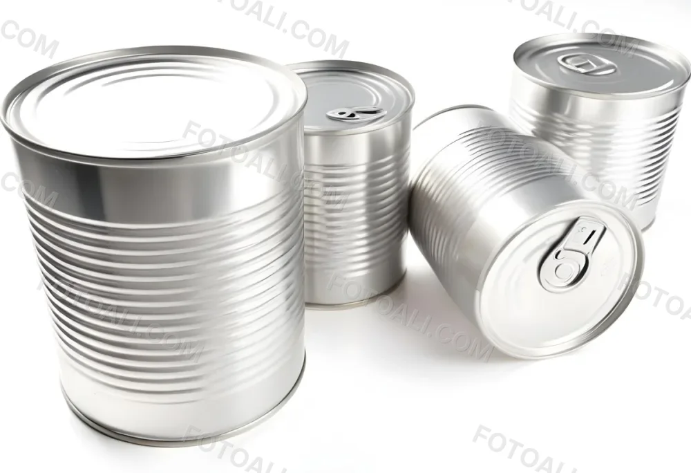 Four Silver Cans Of Different Sizes Some Standing And One Lying Down On A White Surface Studio Shot 34 E87b