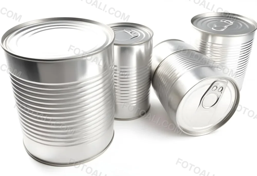 Four Silver Cans Of Different Sizes Some Standing And One Lying Down On A White Surface Studio Shot 35 0926