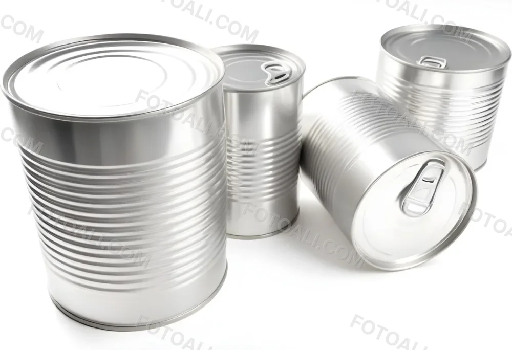 Four Silver Cans Of Different Sizes Some Standing And One Lying Down On A White Surface Studio Shot 36 A170