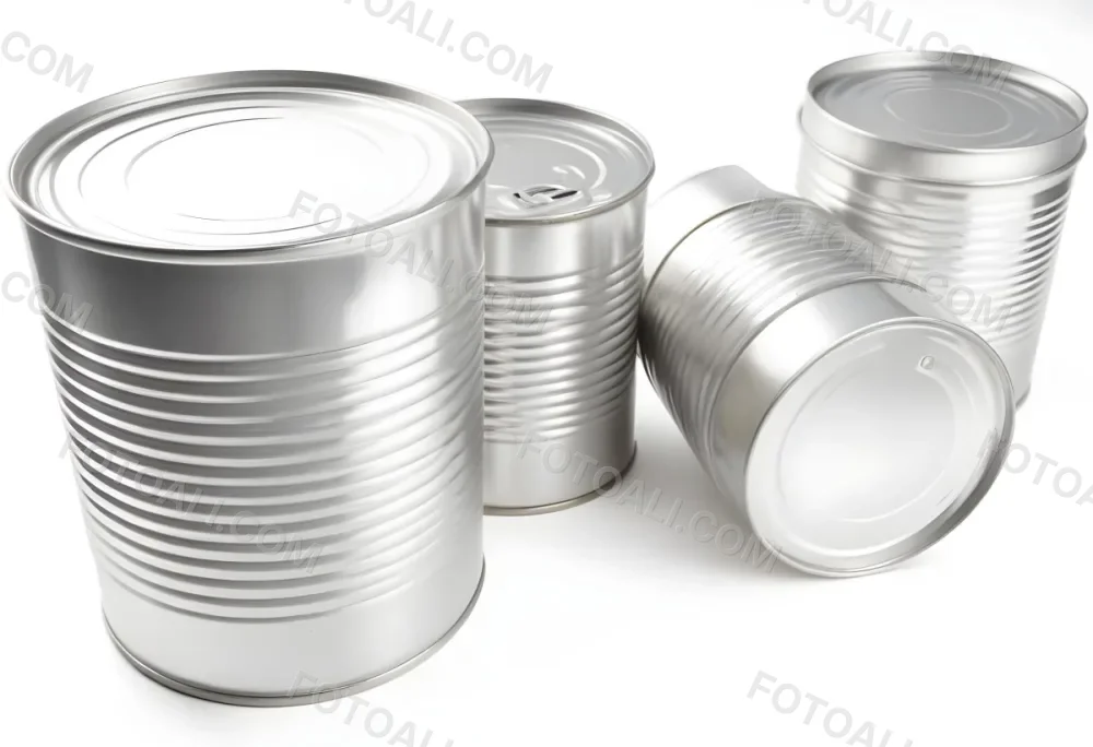 Four Silver Cans Of Different Sizes Some Standing And One Lying Down On A White Surface Studio Shot 37 B1b0