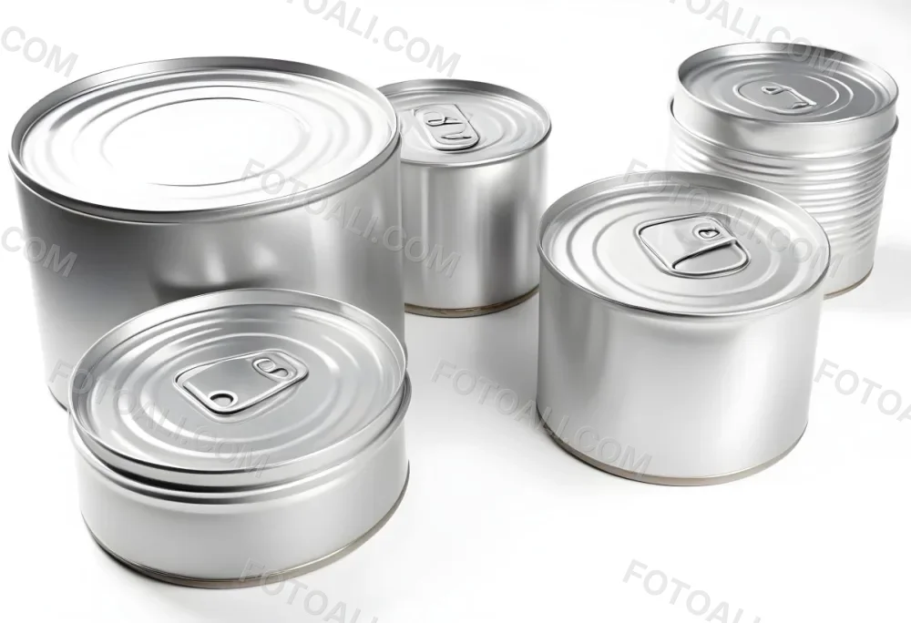 Four Silver Cans Of Different Sizes Some Standing And One Lying Down On A White Surface Studio Shot 40 4975