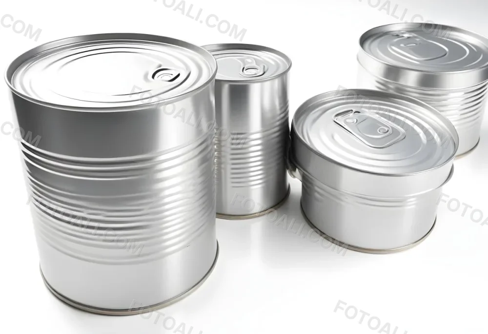 Four Silver Cans Of Different Sizes Some Standing And One Lying Down On A White Surface Studio Shot 5 20ce