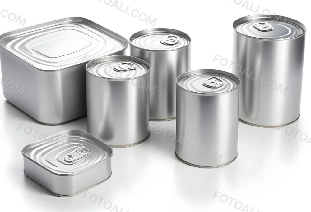Four Silver Cans Of Different Sizes Some Standing And One Lying Down On A White Surface Studio Shot 6 Fc14