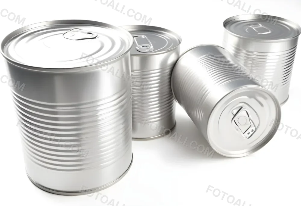 Four Silver Cans Of Different Sizes Some Standing And One Lying Down On A White Surface Studio Shot 7 9b26