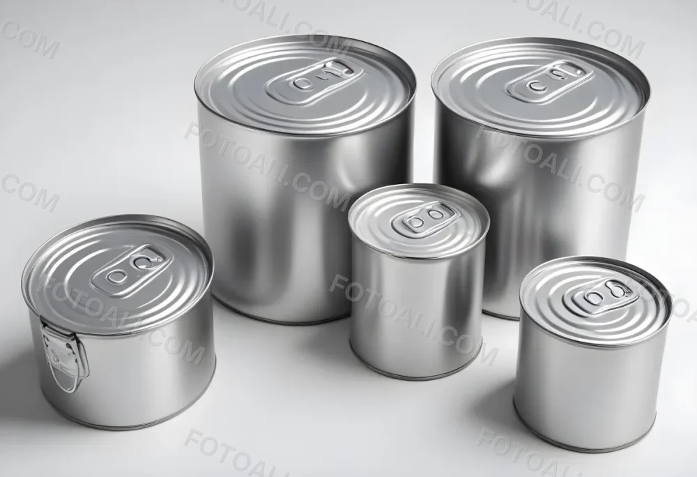 Four Silver Cans Of Different Sizes Some Standing And One Lying Down On A White Surface Studio Shot 8 B821