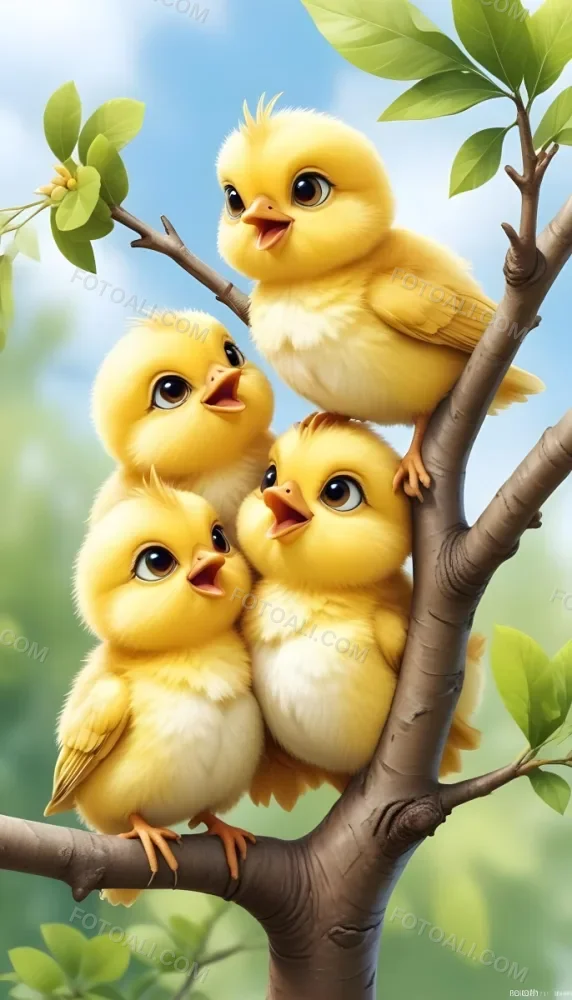 Four Yellow Chicks With Open Beaks Perched On A Tree Branch With Green Leaves Blue Sky Background Cute And Cartoonish Style 9 7caf