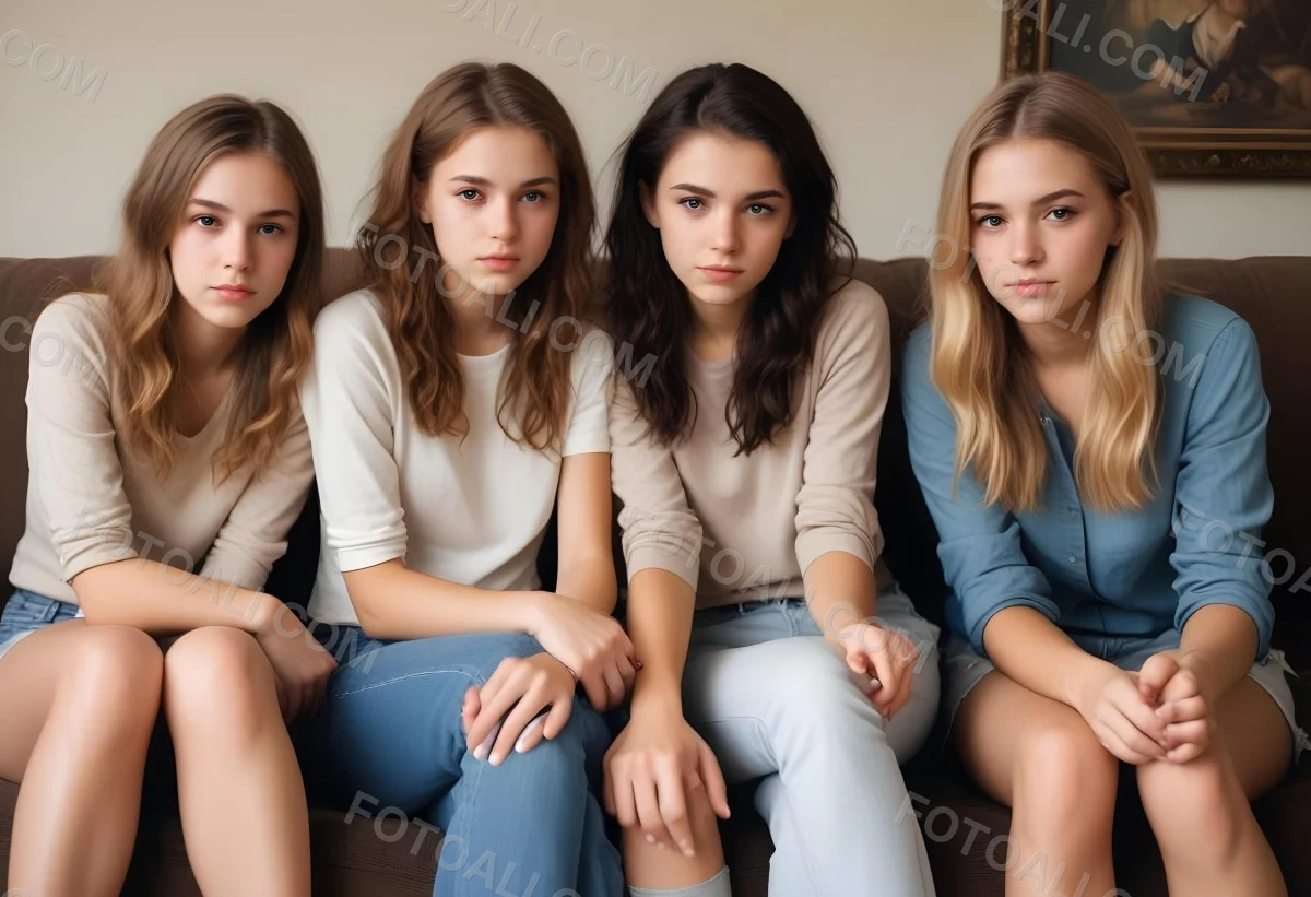 Four Young Caucasian Women Approximately 20 25 Years Old With Varying Hair Colors And Styles Long Sitting On A White Couch And Looking At The Camera 2 B945