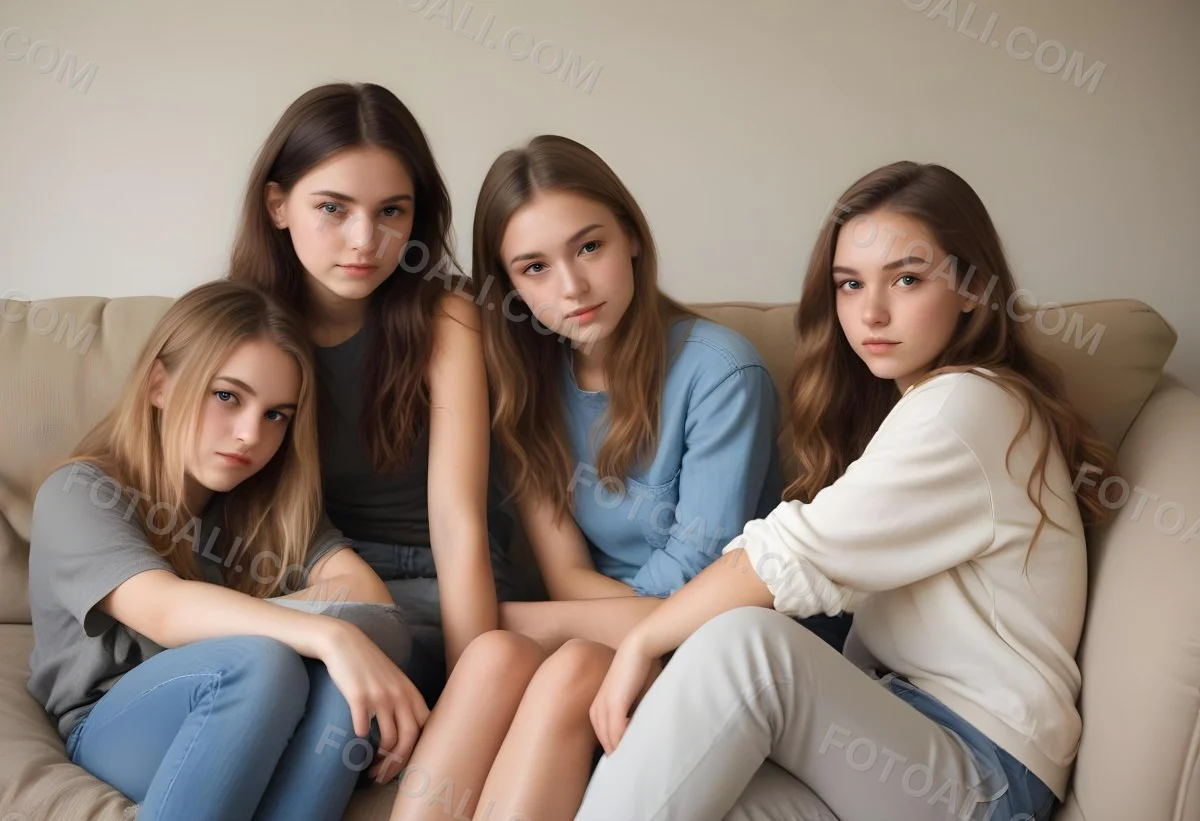 Four Young Caucasian Women Approximately 20 25 Years Old With Varying Hair Colors And Styles Long Sitting On A White Couch And Looking At The Camera 3 626e