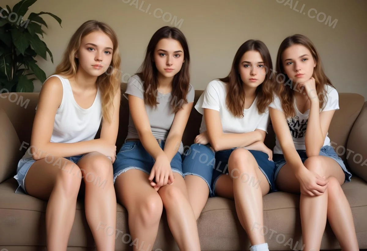 Four Young Caucasian Women Approximately 20 25 Years Old With Varying Hair Colors And Styles Long Sitting On A White Couch And Looking At The Camera 5 06ed