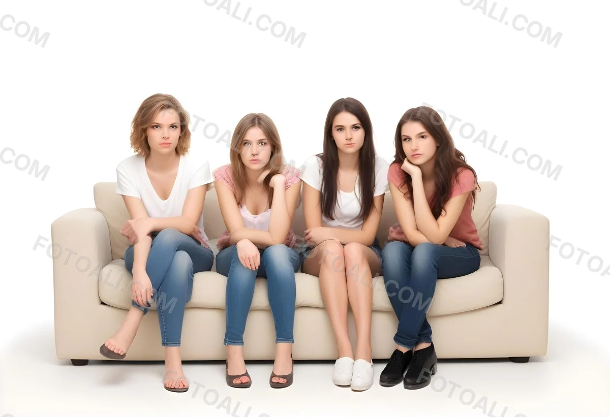 Four Young Caucasian Women Approximately 20 25 Years Old With Varying Hair Colors And Styles Long Sitting On A White Couch And Looking At The Camera 6 6a62
