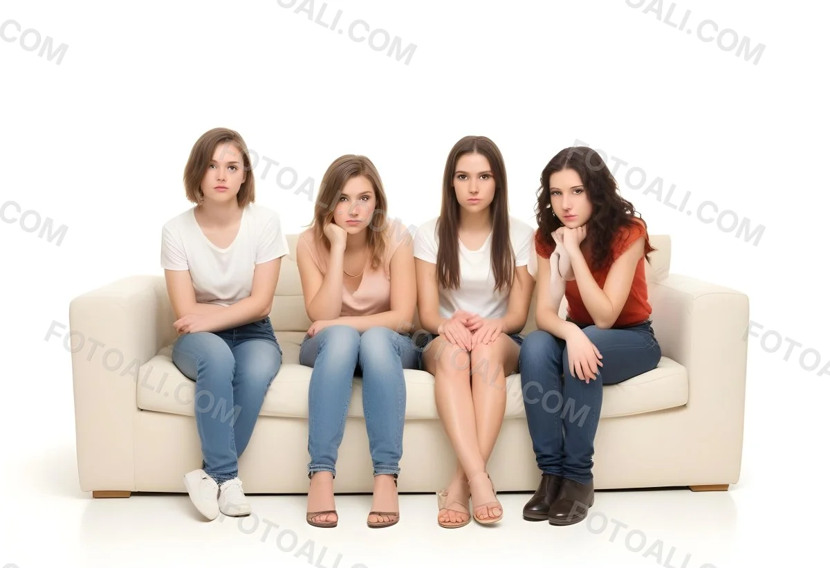 Four Young Caucasian Women Approximately 20 25 Years Old With Varying Hair Colors And Styles Long Sitting On A White Couch And Looking At The Camera 7 7adb