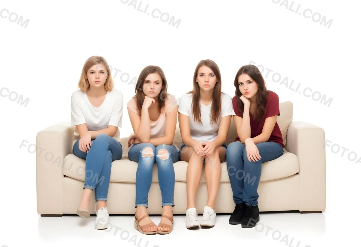 Four Young Caucasian Women Approximately 20 25 Years Old With Varying Hair Colors And Styles Long Sitting On A White Couch And Looking At The Camera 8 C24e