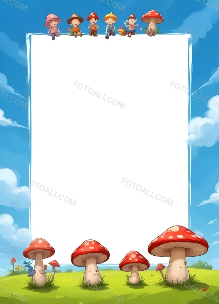 Frame With Cartoon Characters And A Mushroom At The Bottom Blue Sky With Clouds On The Background 10 4464