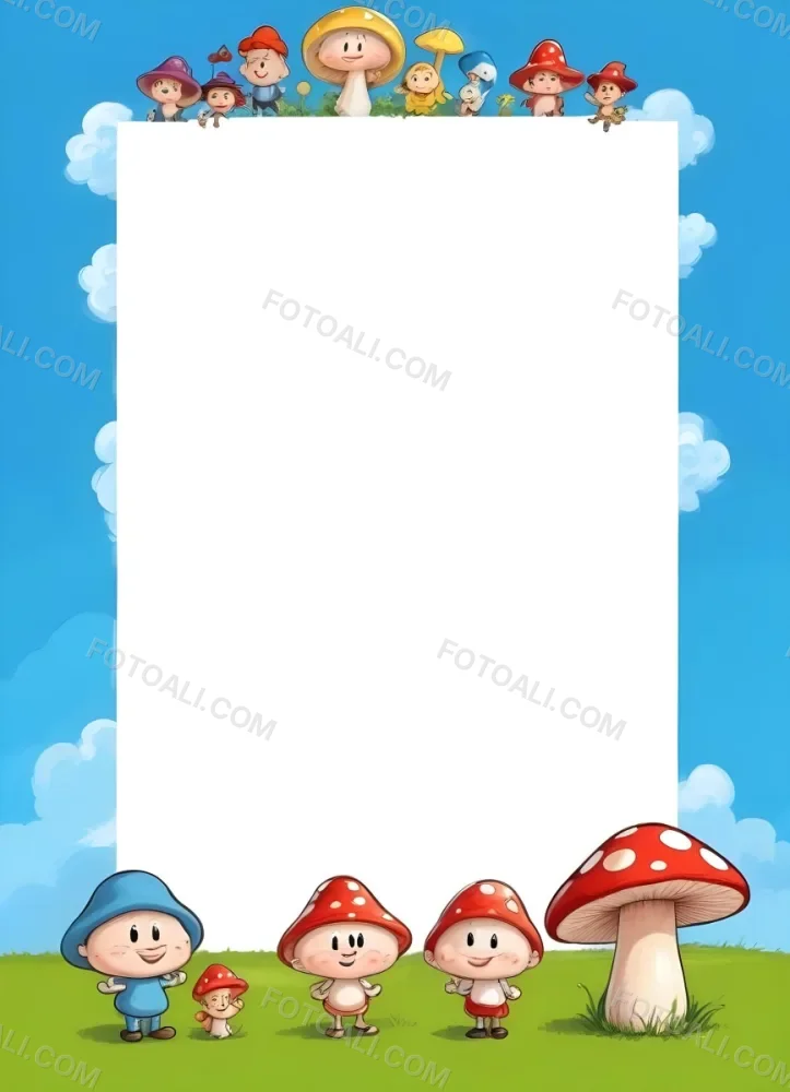 Frame With Cartoon Characters And A Mushroom At The Bottom Blue Sky With Clouds On The Background 11 4367