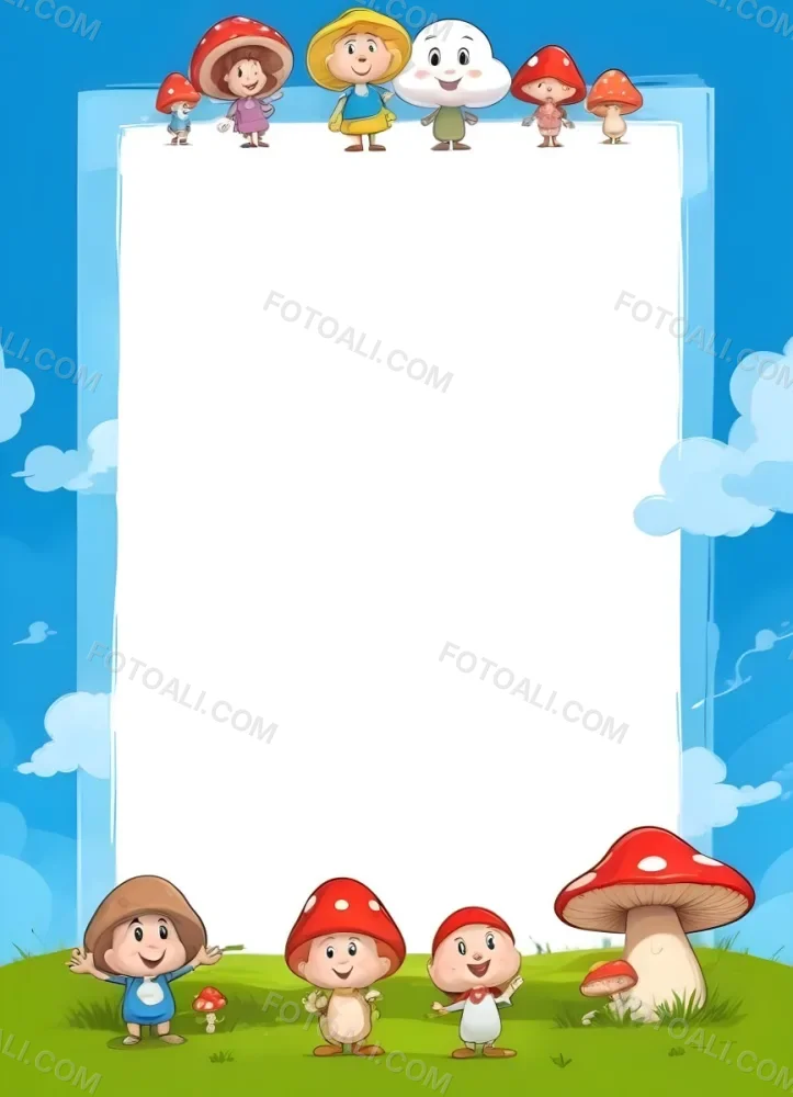 Frame With Cartoon Characters And A Mushroom At The Bottom Blue Sky With Clouds On The Background 18 D71d