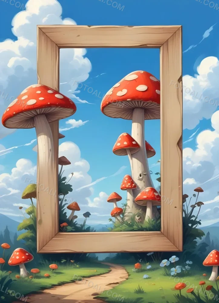 Frame With Cartoon Characters And A Mushroom At The Bottom Blue Sky With Clouds On The Background 2 6f0c