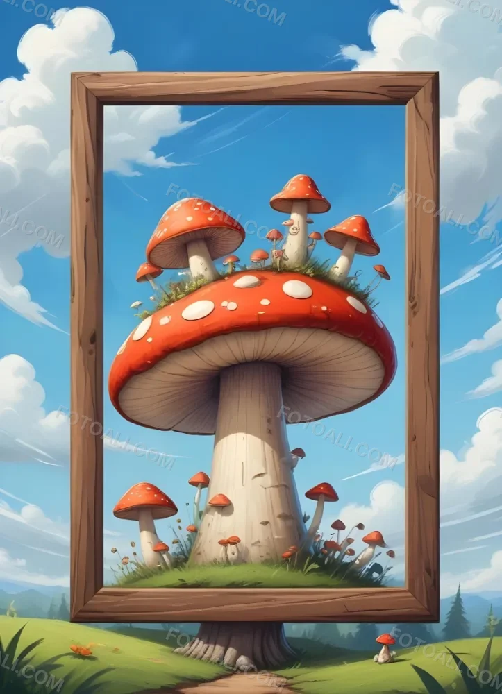 Frame With Cartoon Characters And A Mushroom At The Bottom Blue Sky With Clouds On The Background 3 9f5d