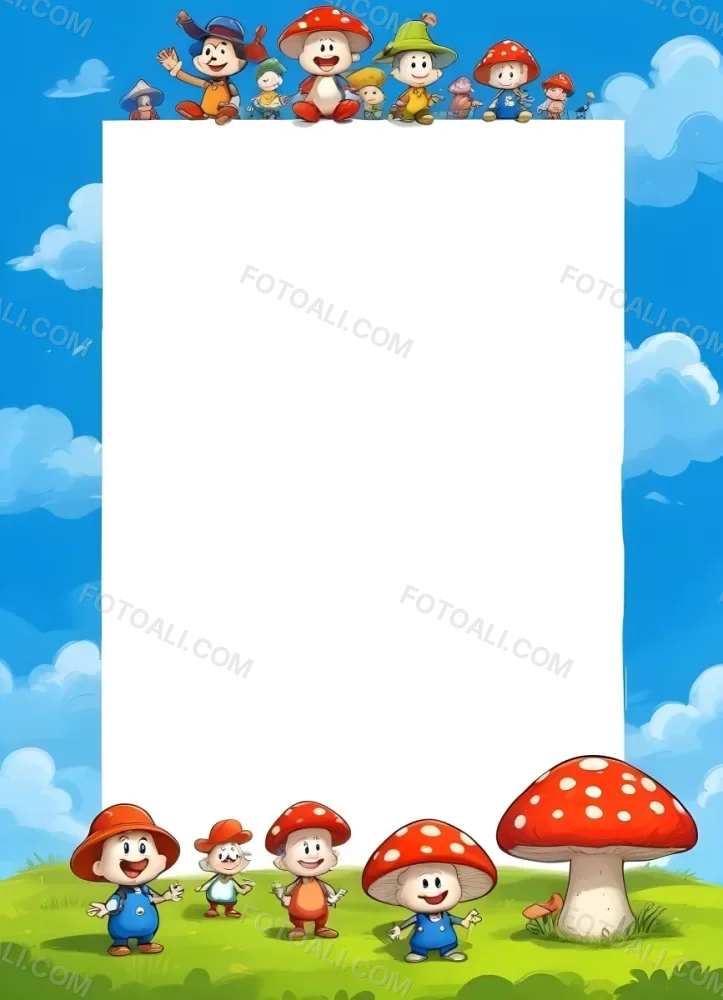 Frame With Cartoon Characters And A Mushroom At The Bottom Blue Sky With Clouds On The Background 4 2e79