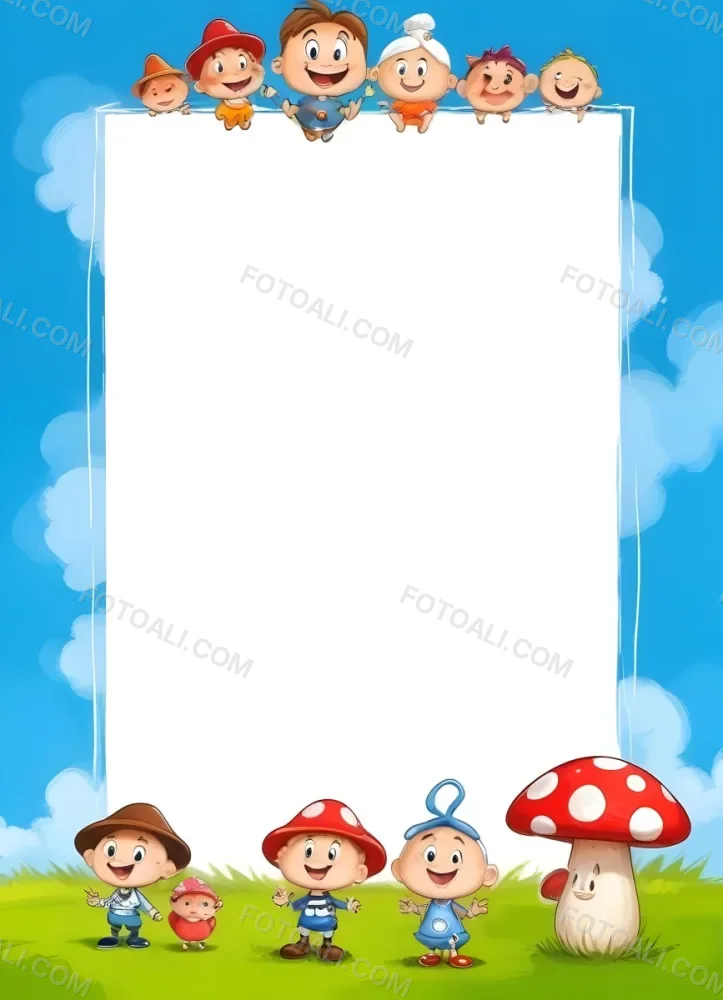Frame With Cartoon Characters And A Mushroom At The Bottom Blue Sky With Clouds On The Background 5 6642
