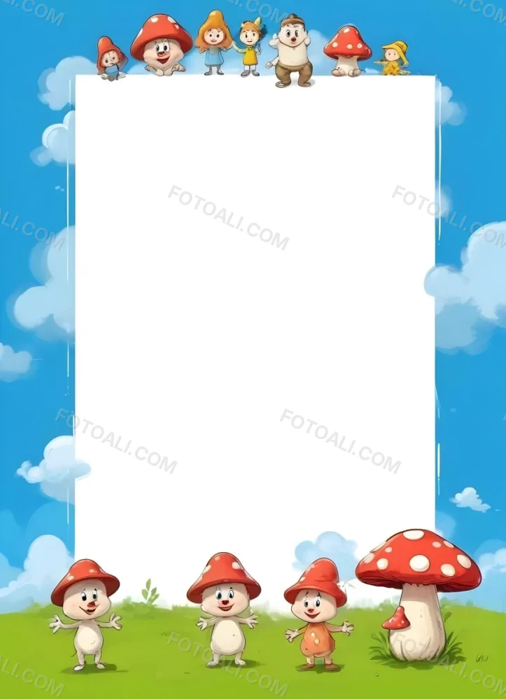 Frame With Cartoon Characters And A Mushroom At The Bottom Blue Sky With Clouds On The Background 6 E6f7