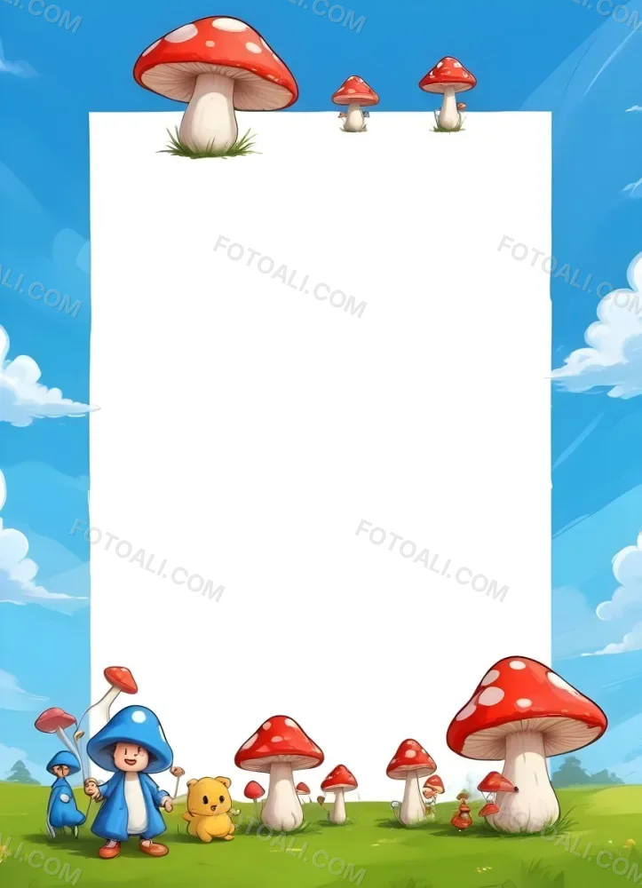 Frame With Cartoon Characters And A Mushroom At The Bottom Blue Sky With Clouds On The Background 7 B805