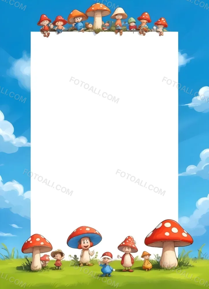 Frame With Cartoon Characters And A Mushroom At The Bottom Blue Sky With Clouds On The Background 8 7ddd