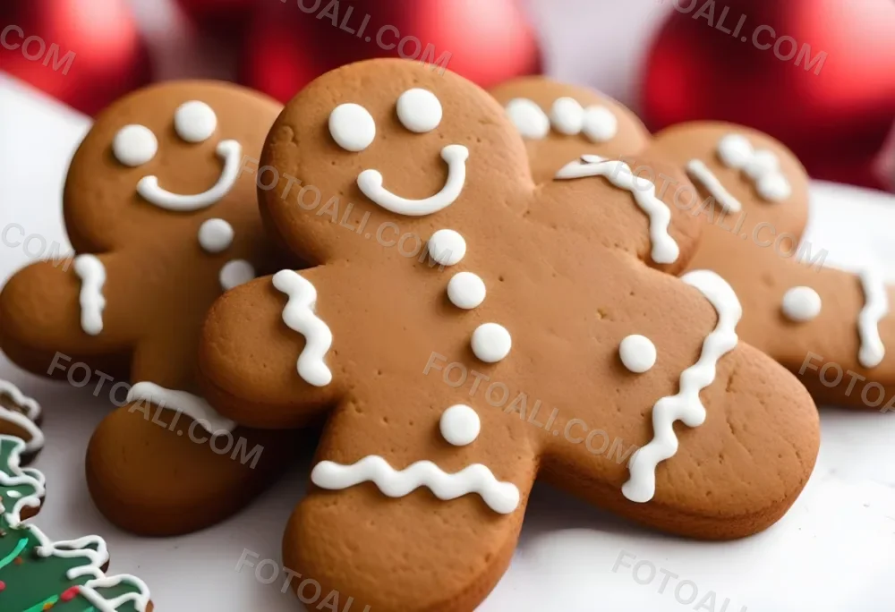 Gingerbread Cookies With White Icing Decorations Including Smiling Faces On A Red And White Background 10 7382 0381