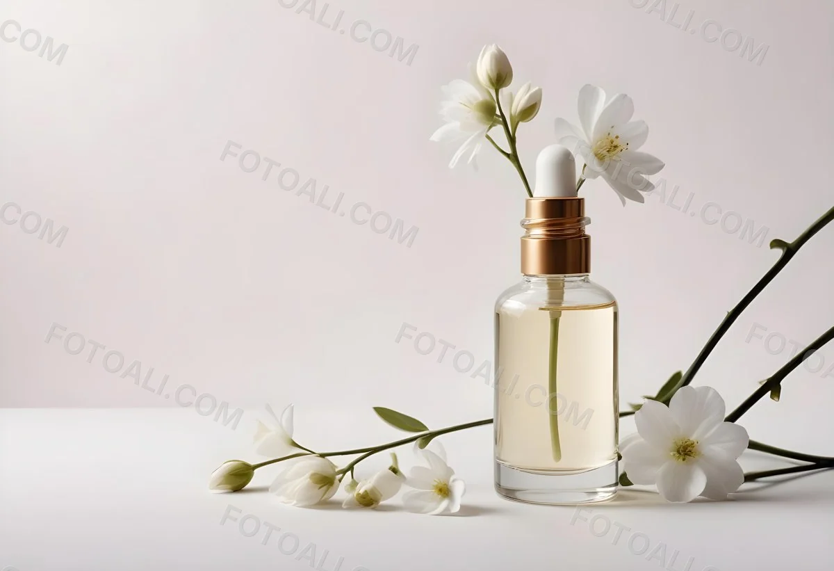 Glass Bottle With Dropper And White Flowers On A White Background Showcasing Beauty Product Minimalist Composition Soft Lighting Clean Aesthetic Cosmetic Presentation Elegant Design 1 5c17