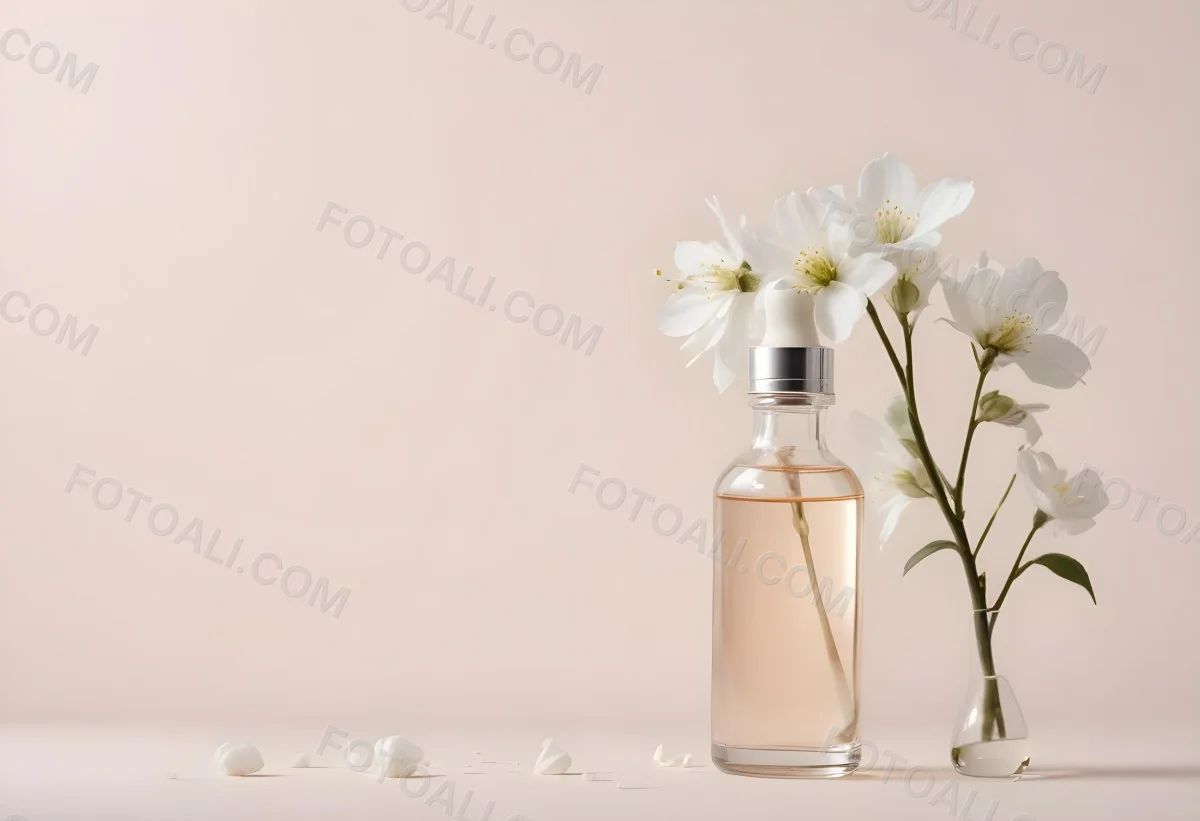 Glass Bottle With Dropper And White Flowers On A White Background Showcasing Beauty Product Minimalist Composition Soft Lighting Clean Aesthetic Cosmetic Presentation Elegant Design 13 0dd5