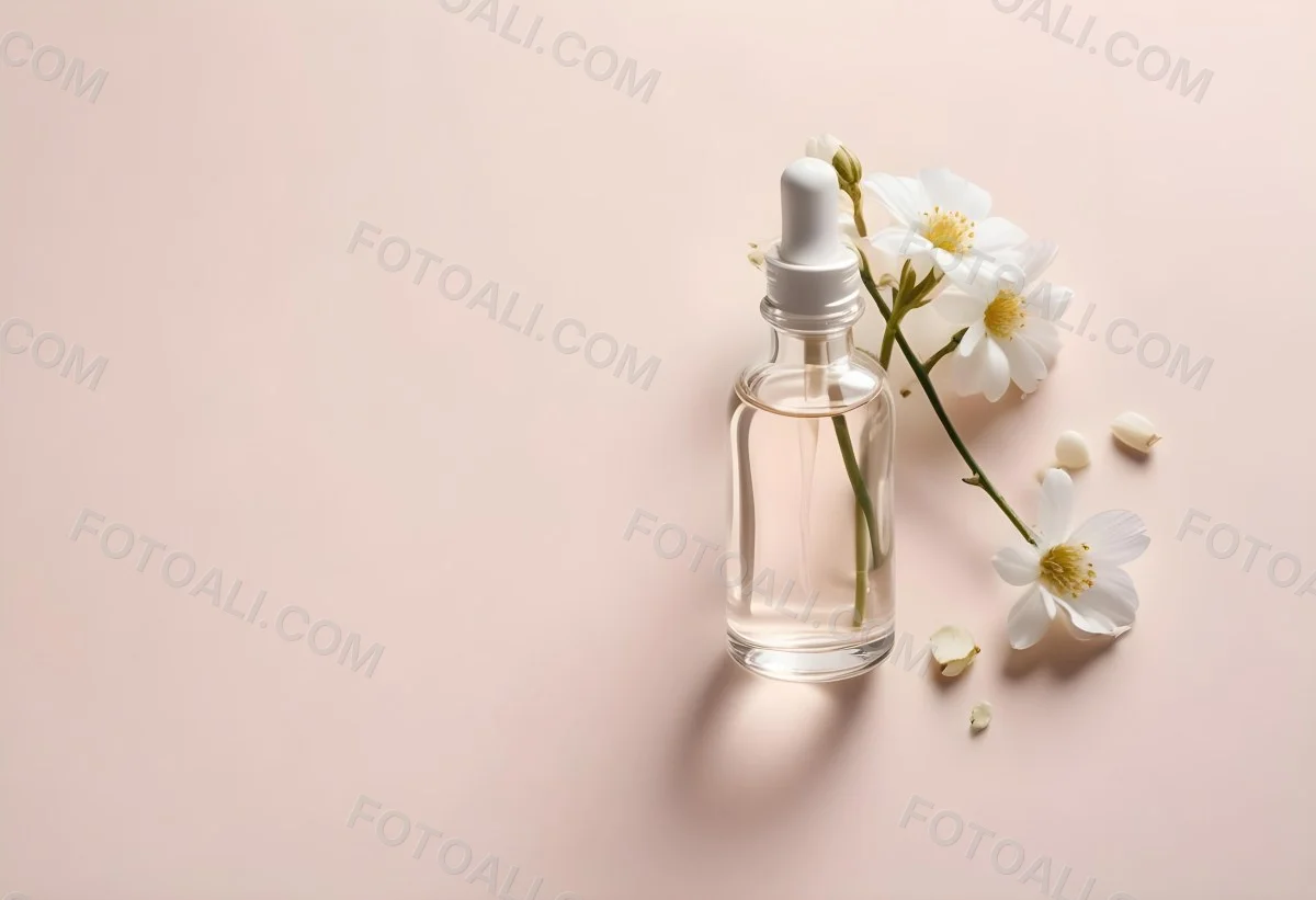 Glass Bottle With Dropper And White Flowers On A White Background Showcasing Beauty Product Minimalist Composition Soft Lighting Clean Aesthetic Cosmetic Presentation Elegant Design 15 7c1a