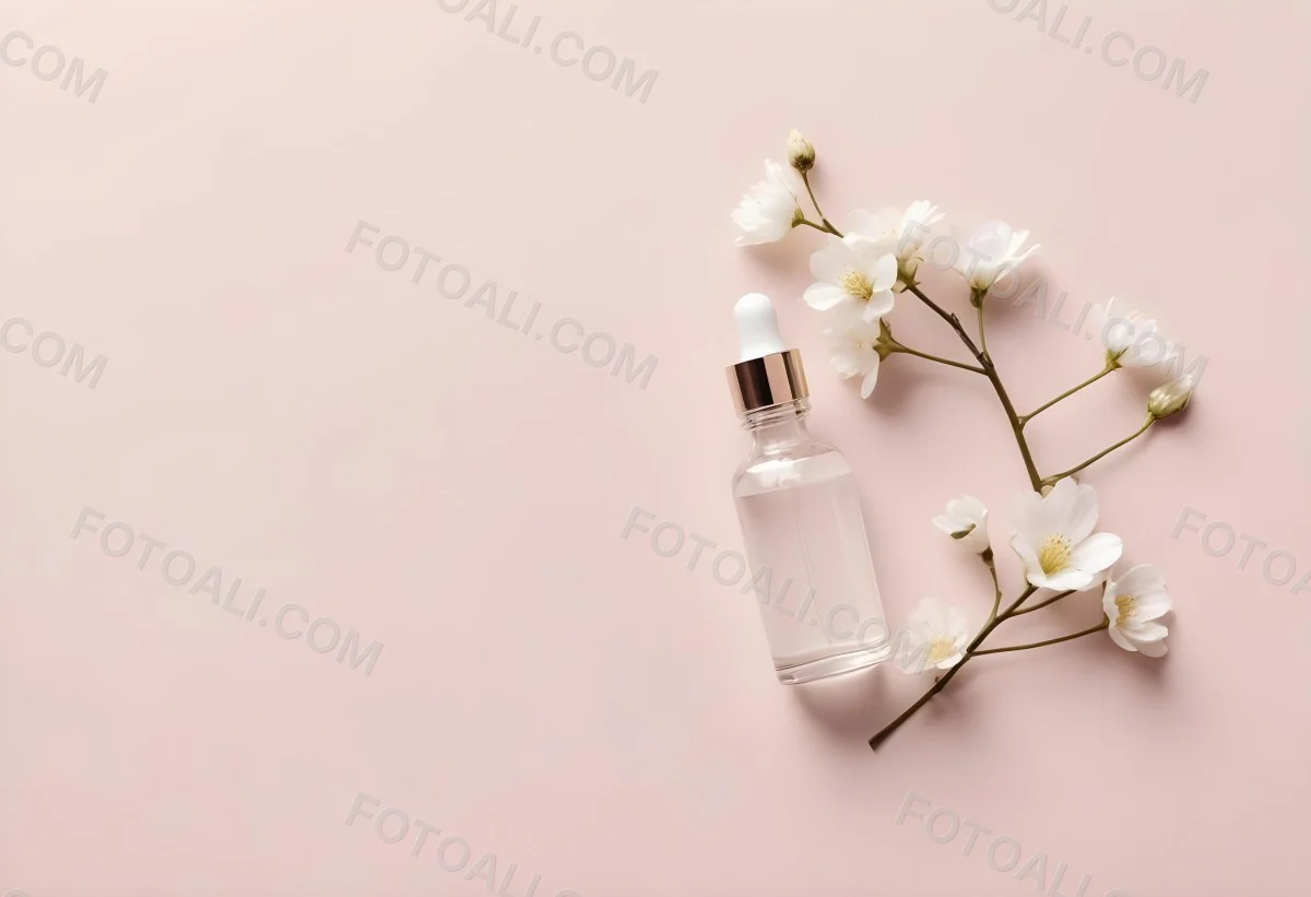 Glass Bottle With Dropper And White Flowers On A White Background Showcasing Beauty Product Minimalist Composition Soft Lighting Clean Aesthetic Cosmetic Presentation Elegant Design 18 5793