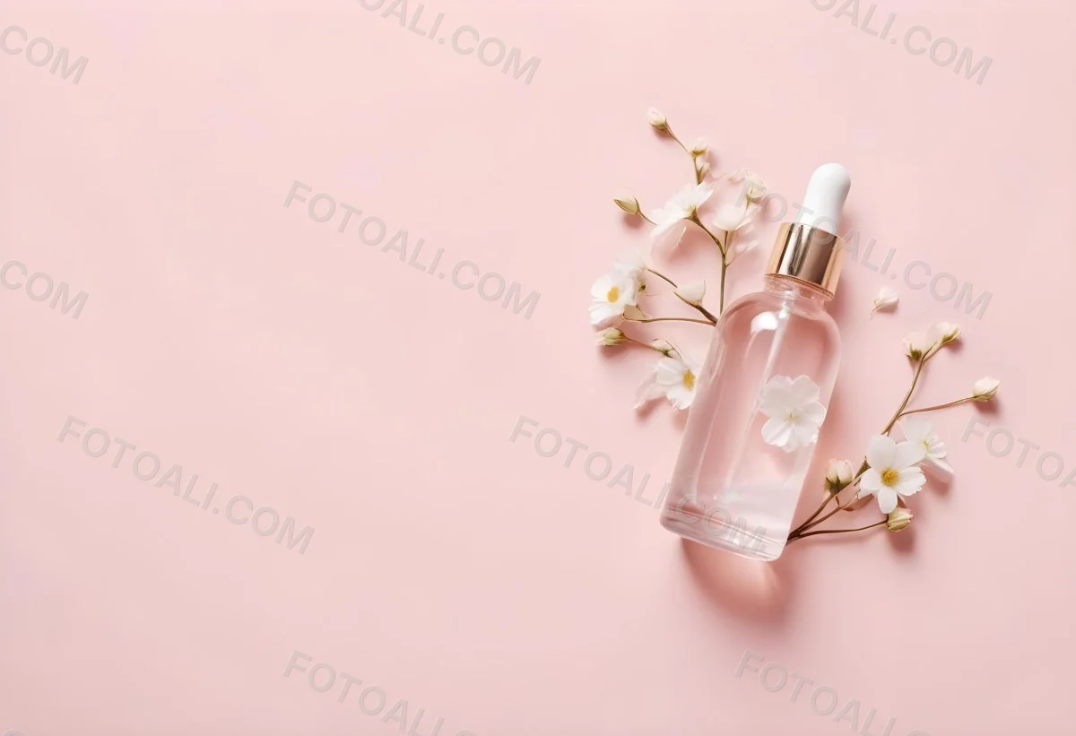 Glass Bottle With Dropper And White Flowers On A White Background Showcasing Beauty Product Minimalist Composition Soft Lighting Clean Aesthetic Cosmetic Presentation Elegant Design 28 673f