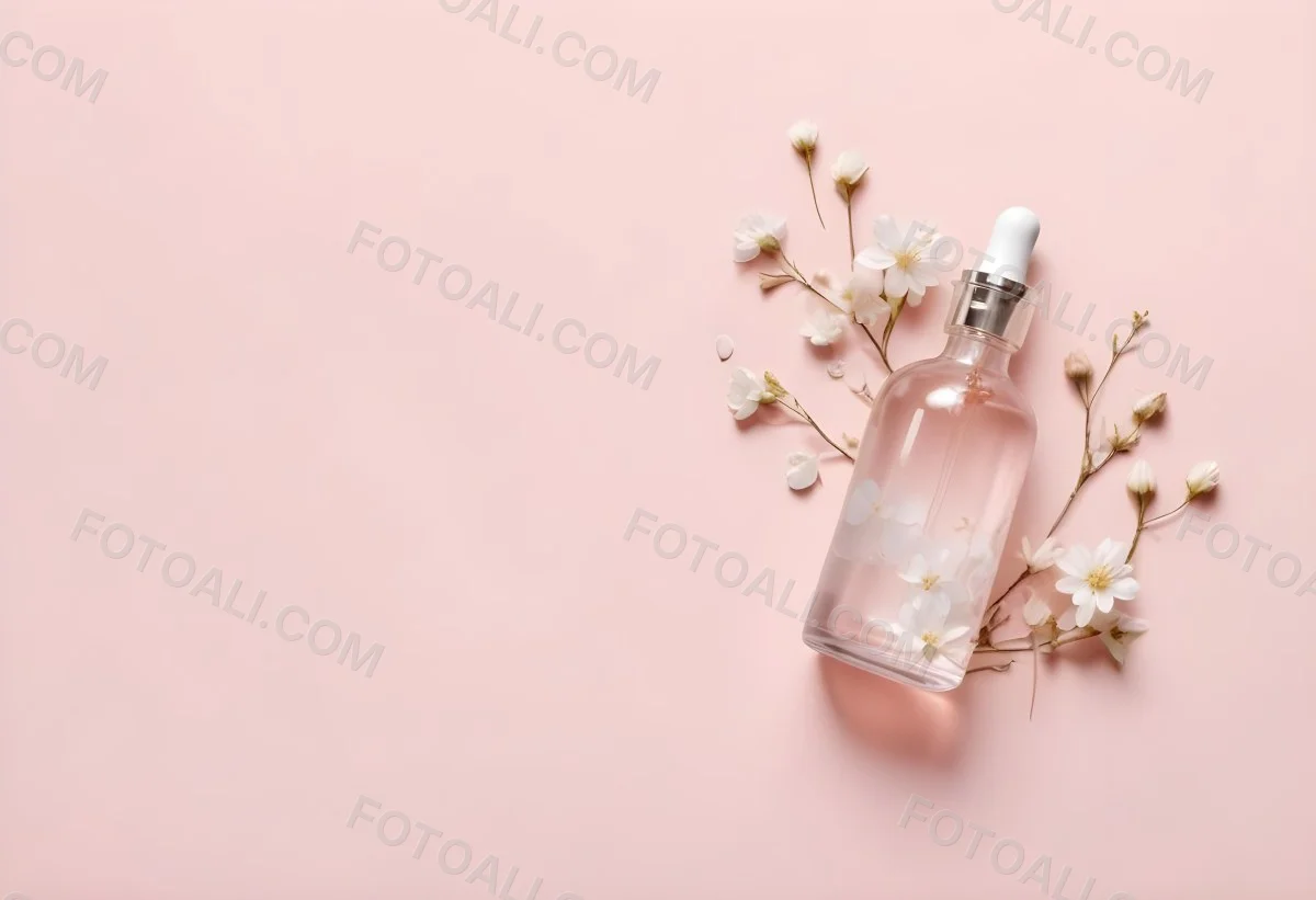 Glass Bottle With Dropper And White Flowers On A White Background Showcasing Beauty Product Minimalist Composition Soft Lighting Clean Aesthetic Cosmetic Presentation Elegant Design 30 Bd18