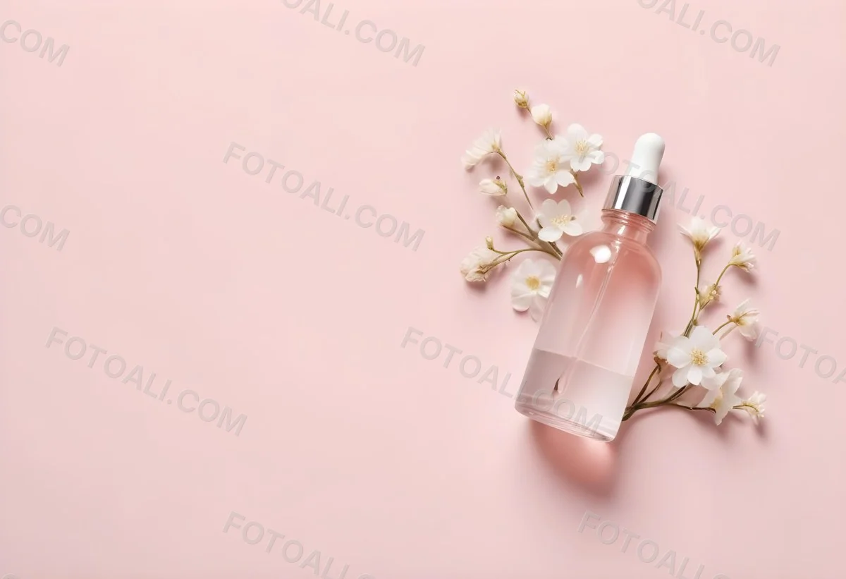 Glass Bottle With Dropper And White Flowers On A White Background Showcasing Beauty Product Minimalist Composition Soft Lighting Clean Aesthetic Cosmetic Presentation Elegant Design 33 88bc