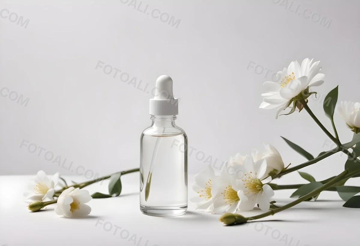 Glass Bottle With Dropper And White Flowers On A White Background Showcasing Beauty Product Minimalist Composition Soft Lighting Clean Aesthetic Cosmetic Presentation Elegant Design 36 Ddda