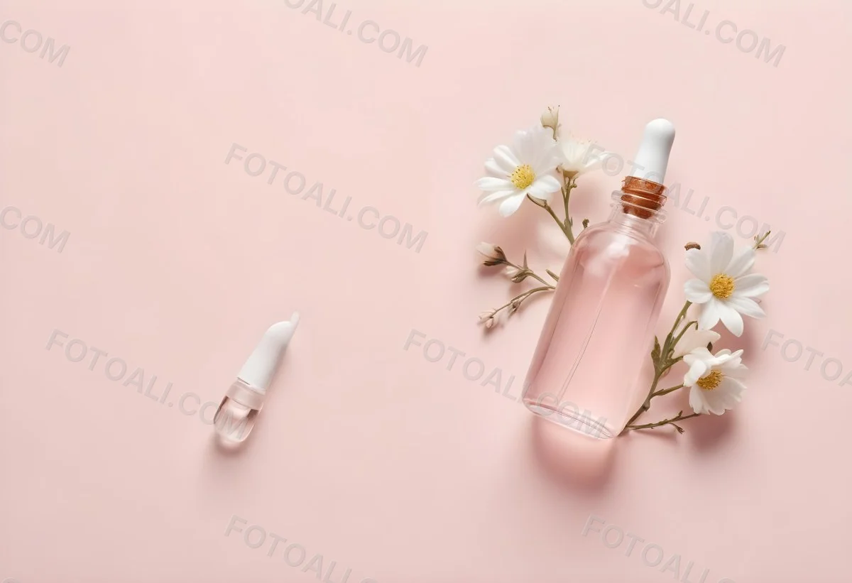 Glass Bottle With Dropper And White Flowers On A White Background Showcasing Beauty Product Minimalist Composition Soft Lighting Clean Aesthetic Cosmetic Presentation Elegant Design 4 6cca