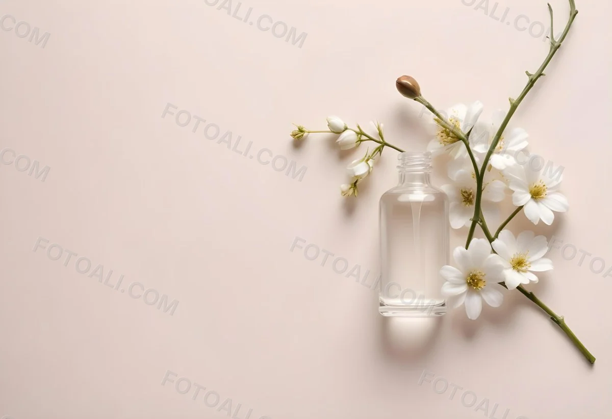 Glass Bottle With Dropper And White Flowers On A White Background Showcasing Beauty Product Minimalist Composition Soft Lighting Clean Aesthetic Cosmetic Presentation Elegant Design 43 97cd