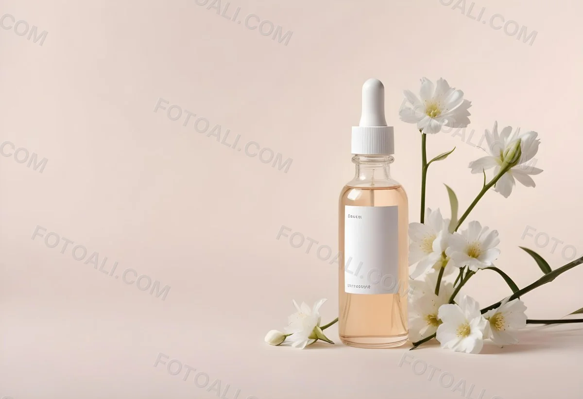 Glass Bottle With Dropper And White Flowers On A White Background Showcasing Beauty Product Minimalist Composition Soft Lighting Clean Aesthetic Cosmetic Presentation Elegant Design 44 Dfeb