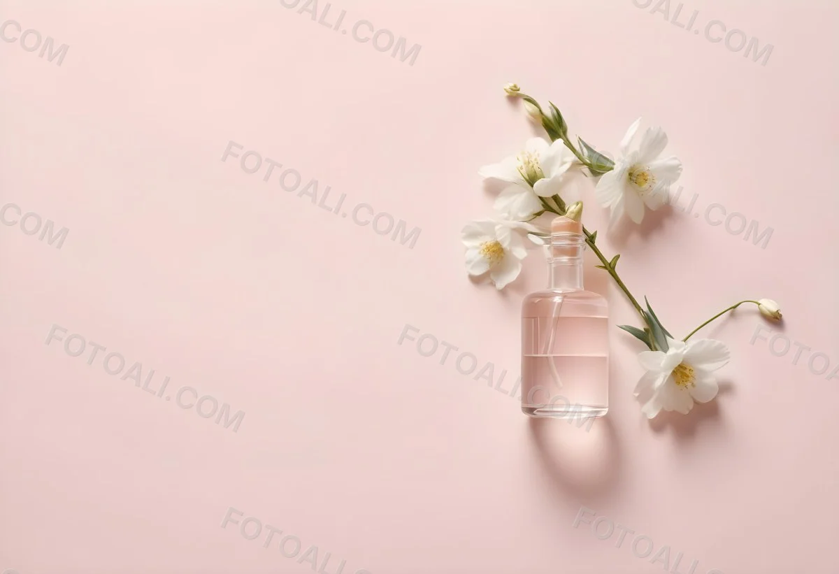 Glass Bottle With Dropper And White Flowers On A White Background Showcasing Beauty Product Minimalist Composition Soft Lighting Clean Aesthetic Cosmetic Presentation Elegant Design 46 Ea18