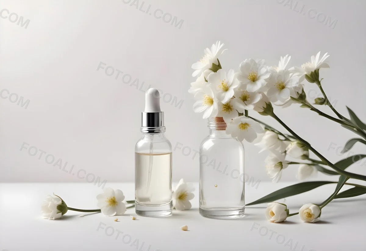 Glass Bottle With Dropper And White Flowers On A White Background Showcasing Beauty Product Minimalist Composition Soft Lighting Clean Aesthetic Cosmetic Presentation Elegant Design 5 2ce8