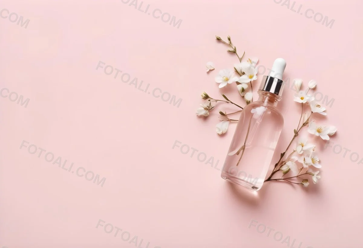 Glass Bottle With Dropper And White Flowers On A White Background Showcasing Beauty Product Minimalist Composition Soft Lighting Clean Aesthetic Cosmetic Presentation Elegant Design 50 Efd6