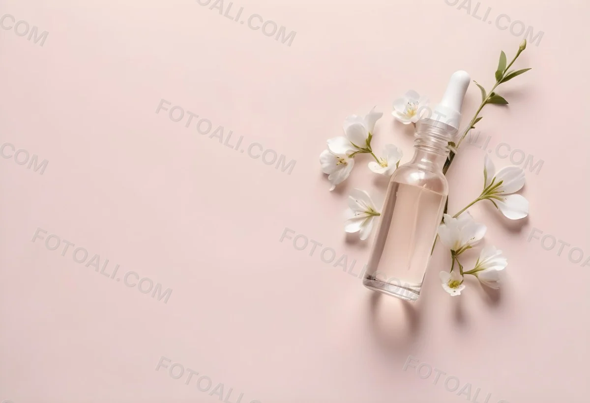 Glass Bottle With Dropper And White Flowers On A White Background Showcasing Beauty Product Minimalist Composition Soft Lighting Clean Aesthetic Cosmetic Presentation Elegant Design 52 Fb55