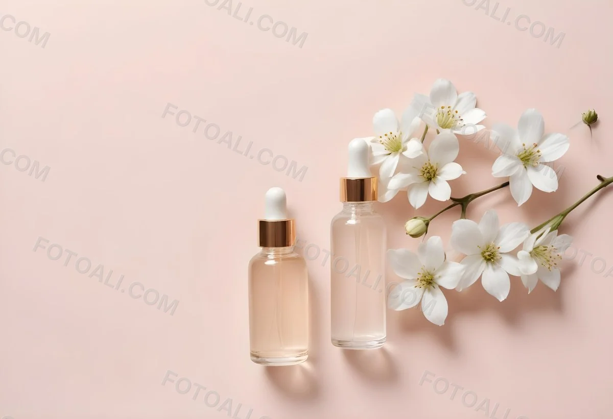 Glass Bottle With Dropper And White Flowers On A White Background Showcasing Beauty Product Minimalist Composition Soft Lighting Clean Aesthetic Cosmetic Presentation Elegant Design 53 1834