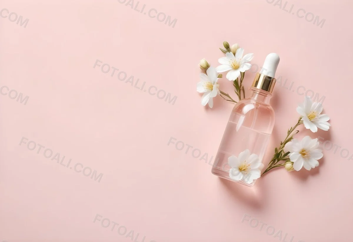 Glass Bottle With Dropper And White Flowers On A White Background Showcasing Beauty Product Minimalist Composition Soft Lighting Clean Aesthetic Cosmetic Presentation Elegant Design 55 C595