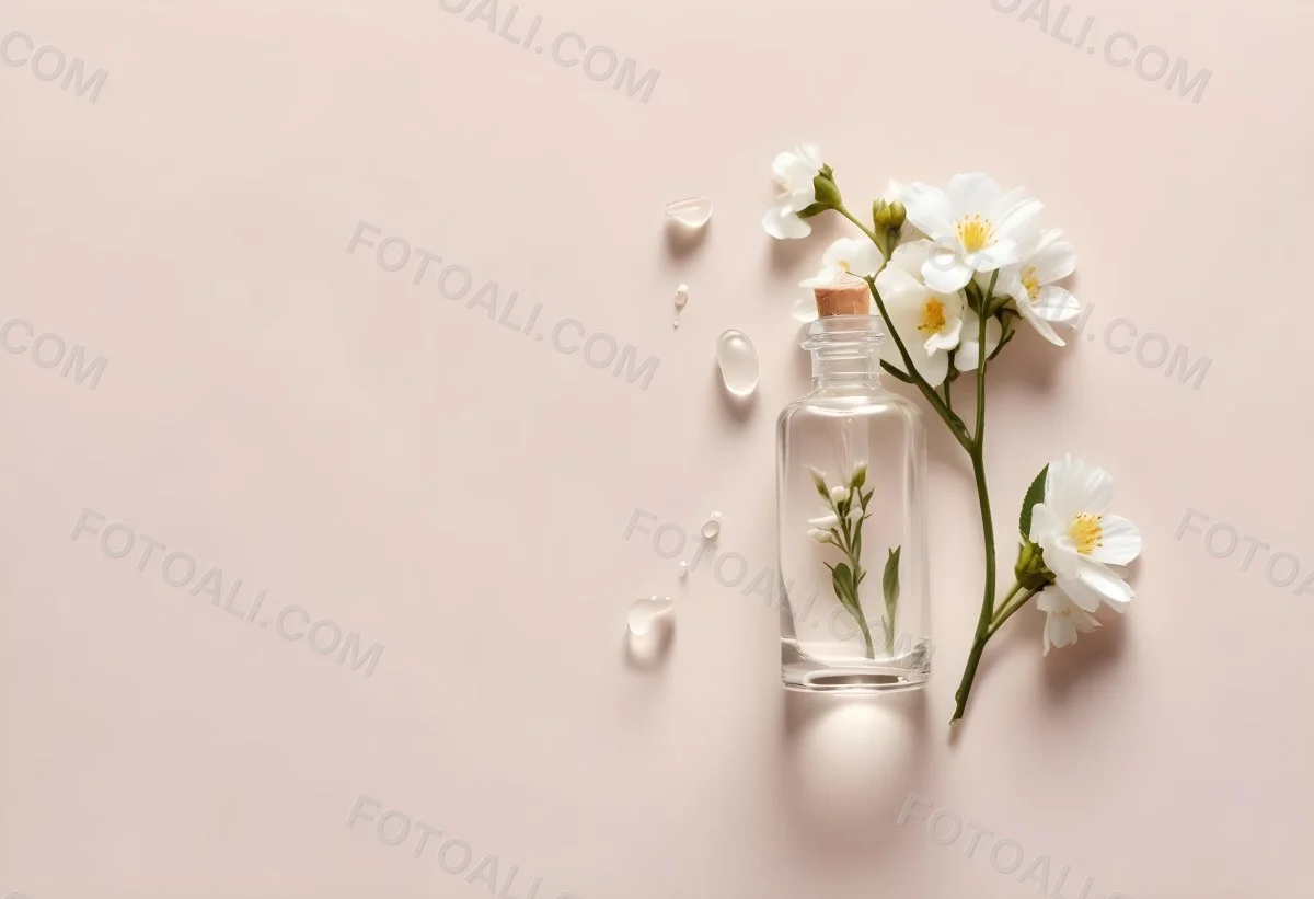 Glass Bottle With Dropper And White Flowers On A White Background Showcasing Beauty Product Minimalist Composition Soft Lighting Clean Aesthetic Cosmetic Presentation Elegant Design 6 8c52