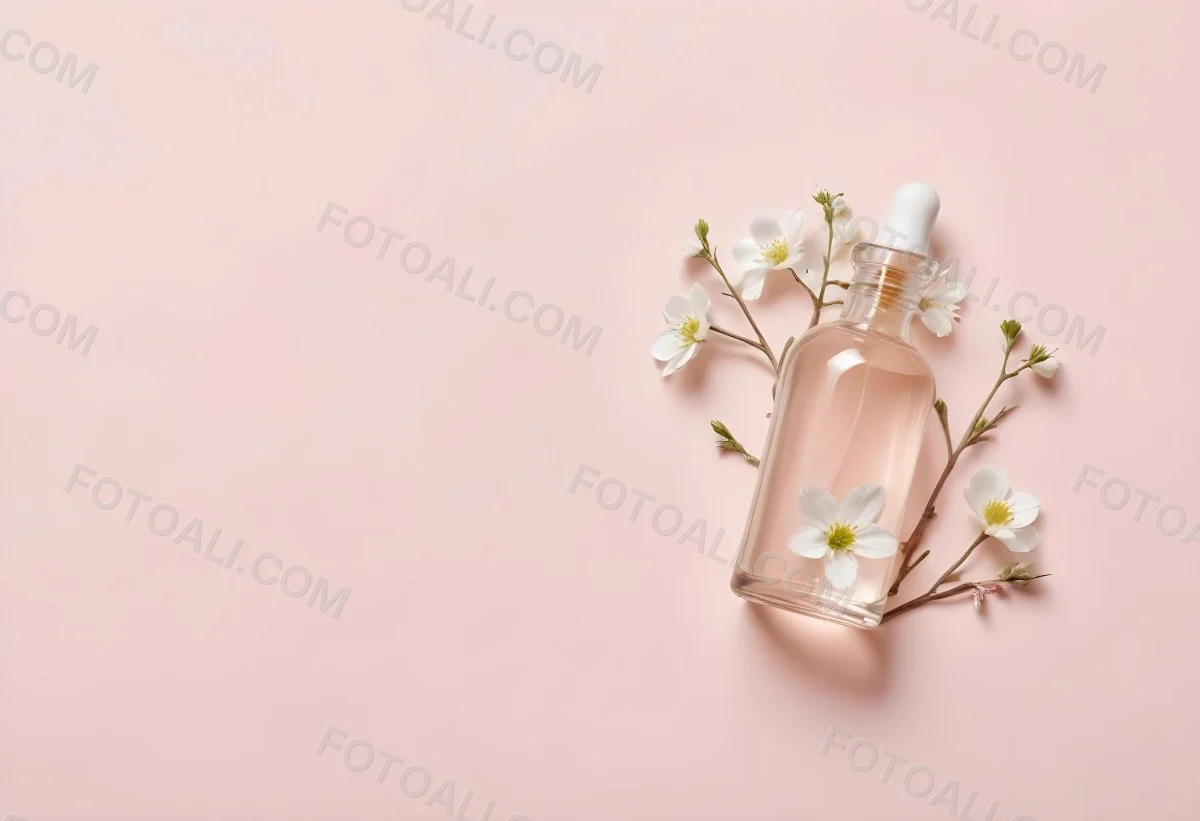 Glass Bottle With Dropper And White Flowers On A White Background Showcasing Beauty Product Minimalist Composition Soft Lighting Clean Aesthetic Cosmetic Presentation Elegant Design 8 079a